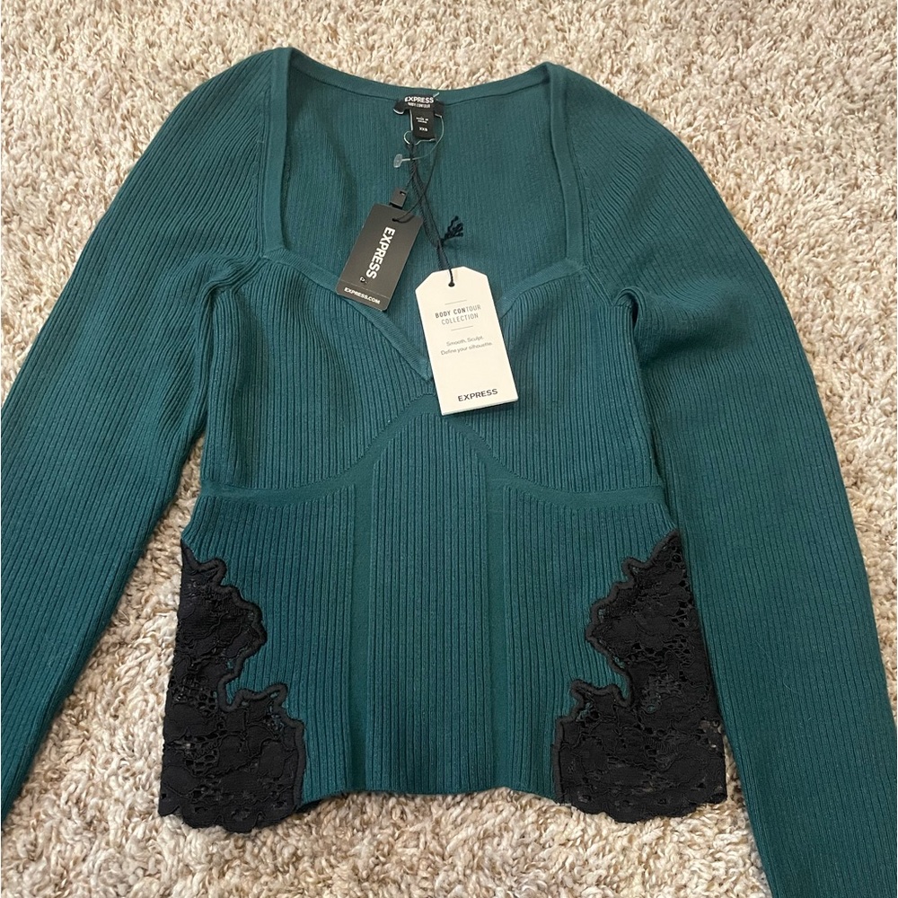 Size XXS Express top in dark teal color and black lace detail. New with tags!!